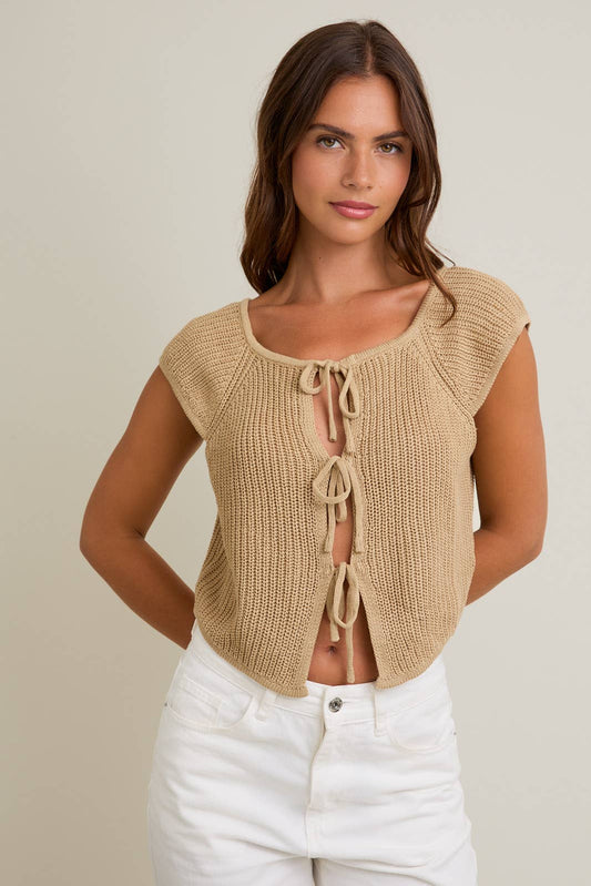 FRONT TIE SLEEVELESS SWEATER CARDIGAN