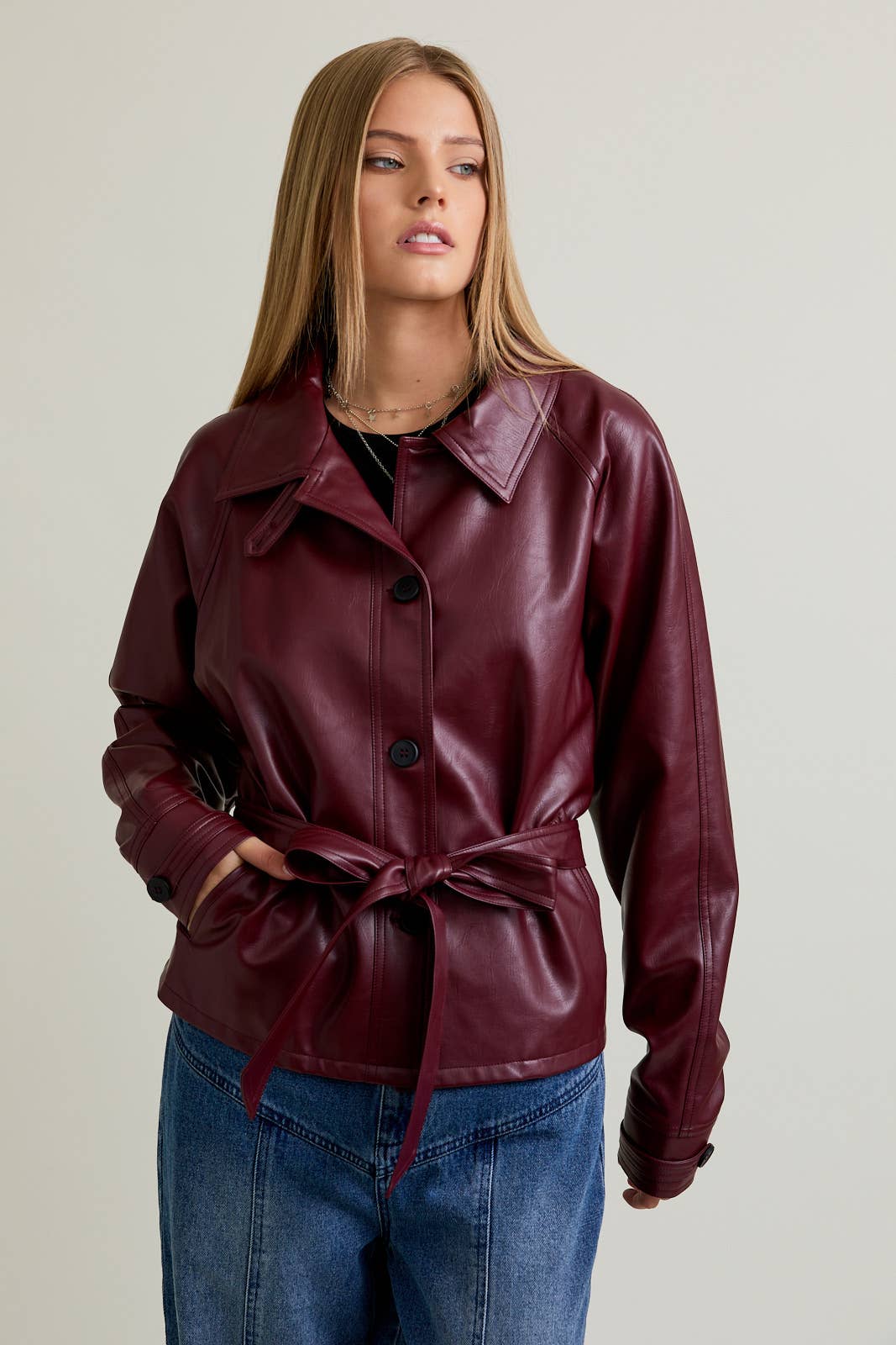 SHORT FAUX LEATHER TRENCH COAT